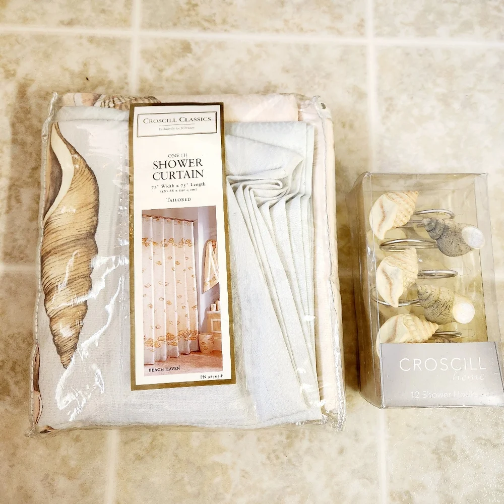 Vintage Y2K Croscill Beach Haven Shower Curtain With Shell Hooks Set